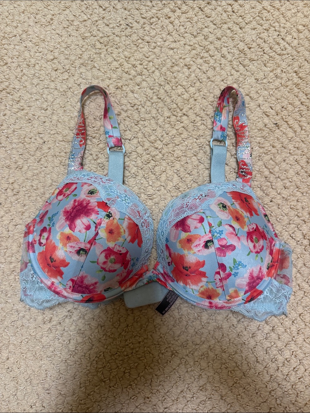 Victoria's Secret Floral Lace-Trim Convertible Bra in Light Blue and Coral Pink